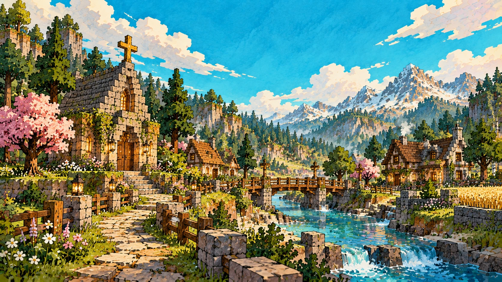 An ink-and-paint block-built chapel, riverside village, and mountain valley