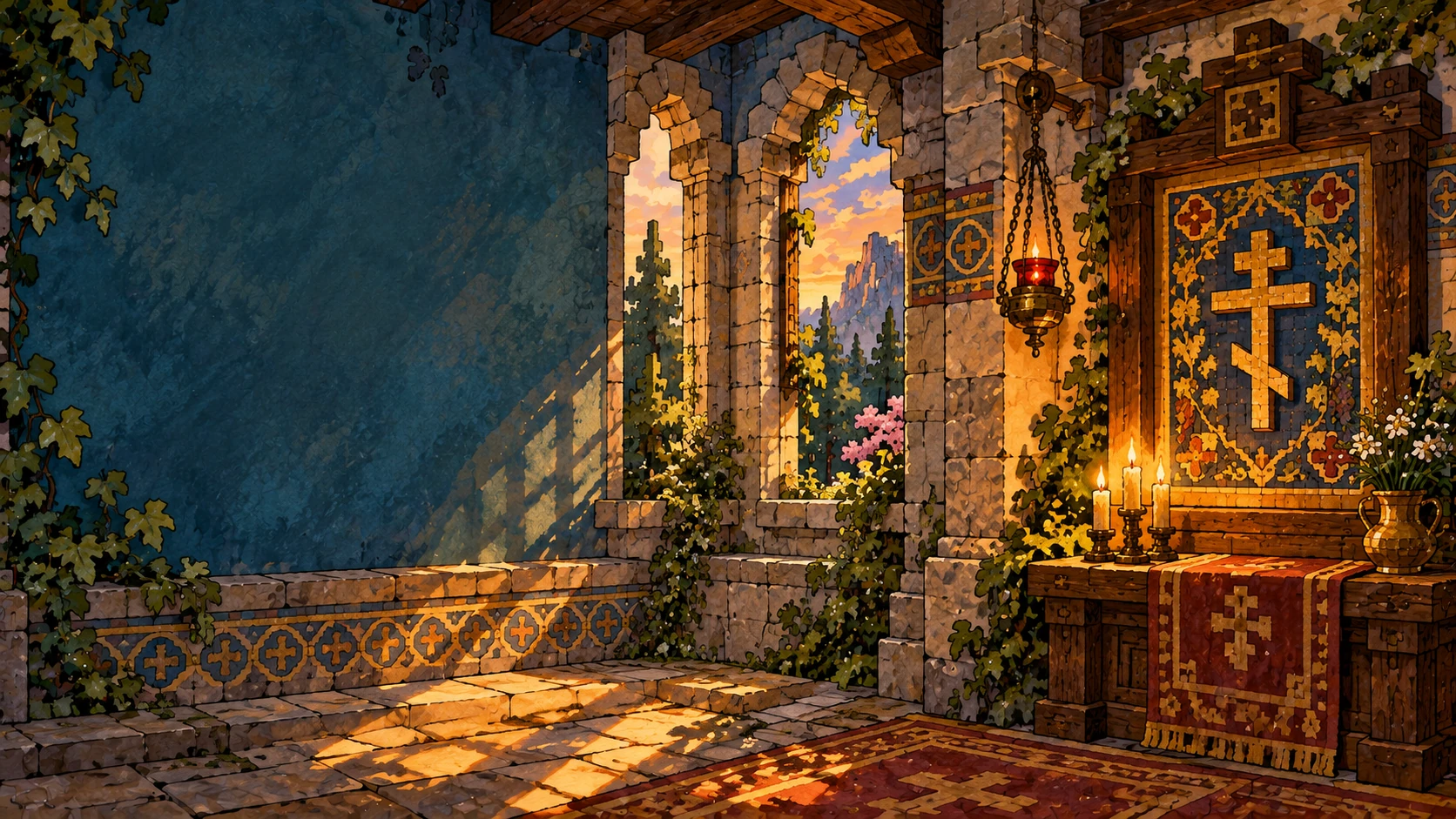 A painted Orthodox-inspired chapel interior with stone arches, a three-bar cross, and candles